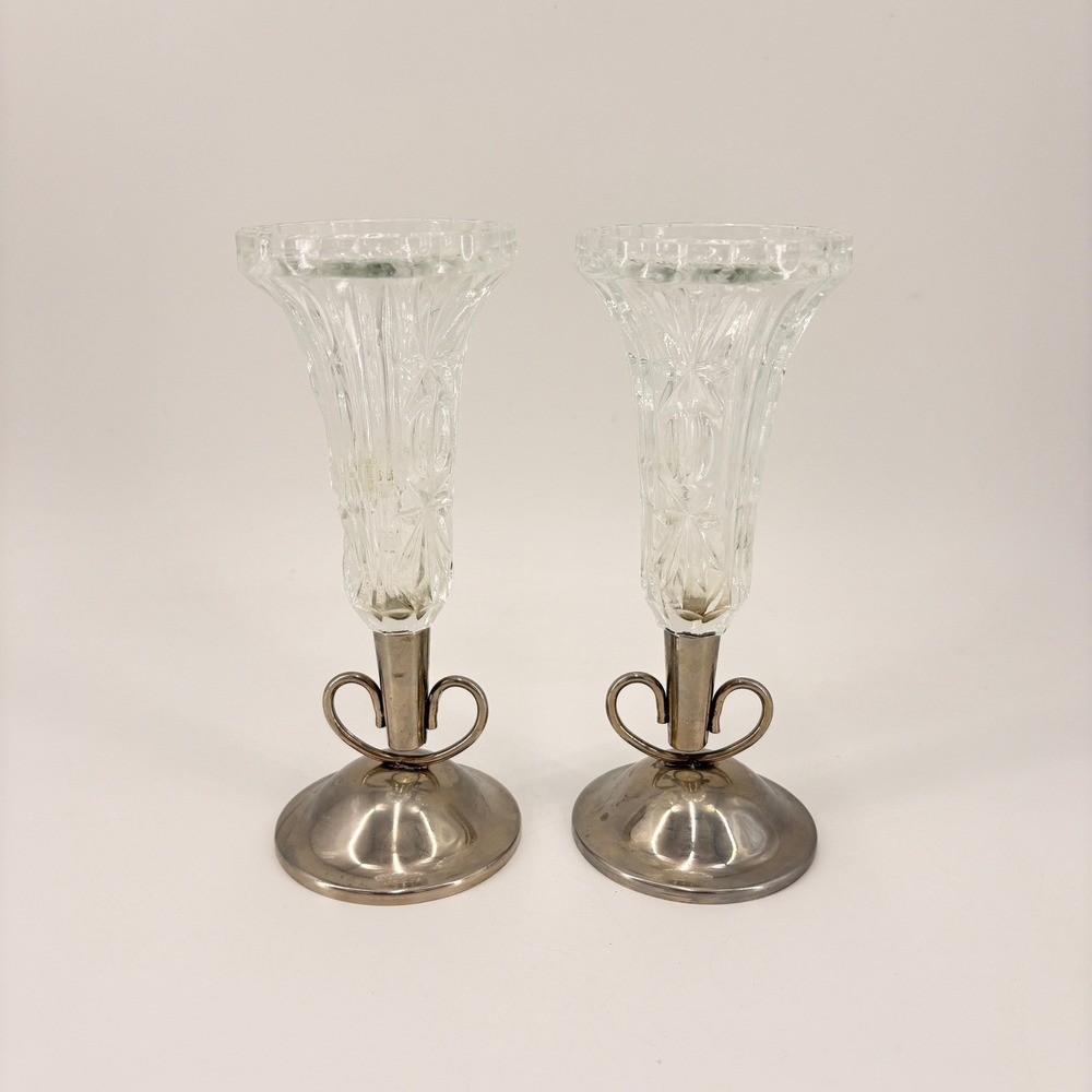 Art Deco Vintage Glass Fluted Tulip Candle Holders with Silver Tone‎ Base MCM
